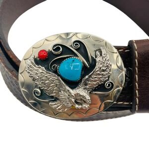 Wrangler Brown Leather Basketweave Belt Eagle Turquoise Buckle 44